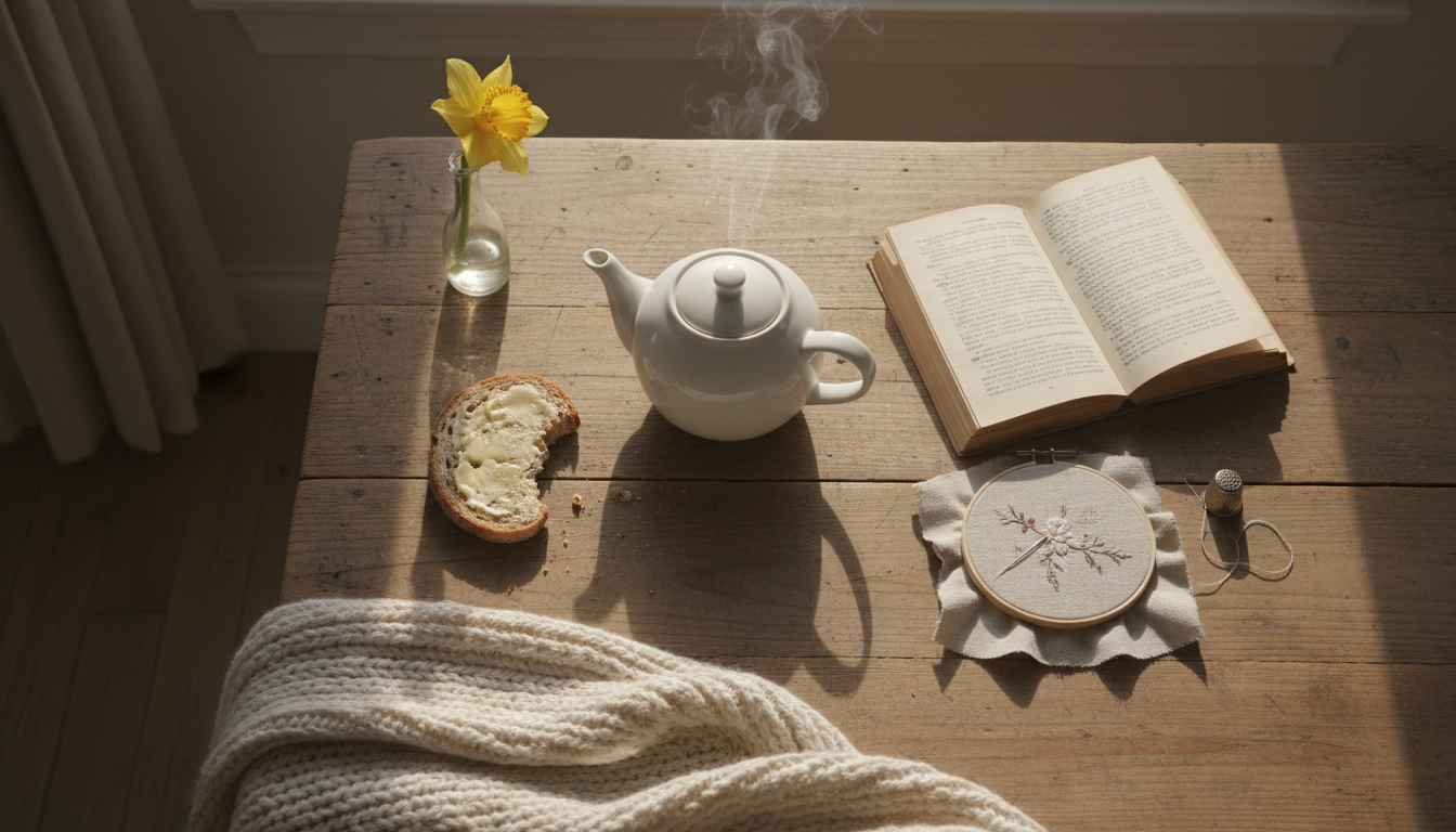 Table de petit-déjeuner du dimanche : thé fumant, livre ouvert, projet couture, ambiance lente