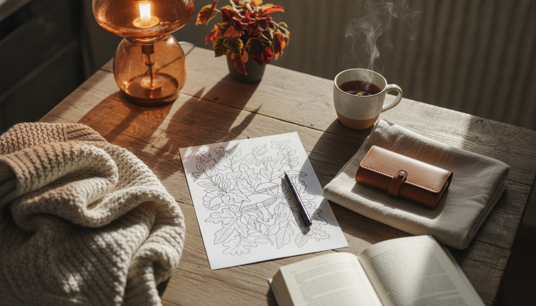 Bureau du soir avec carnet de coloriage, kit couture, tasse de tisane et livre ouvert, ambiance calme